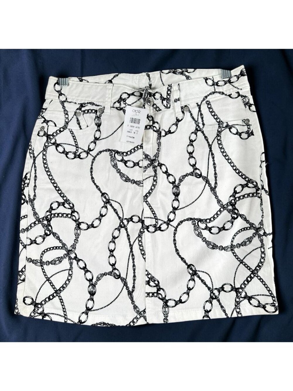 Cache Y2K Chain Print Denim Mini Skirt White Black Size 2 NWT Preppy XS